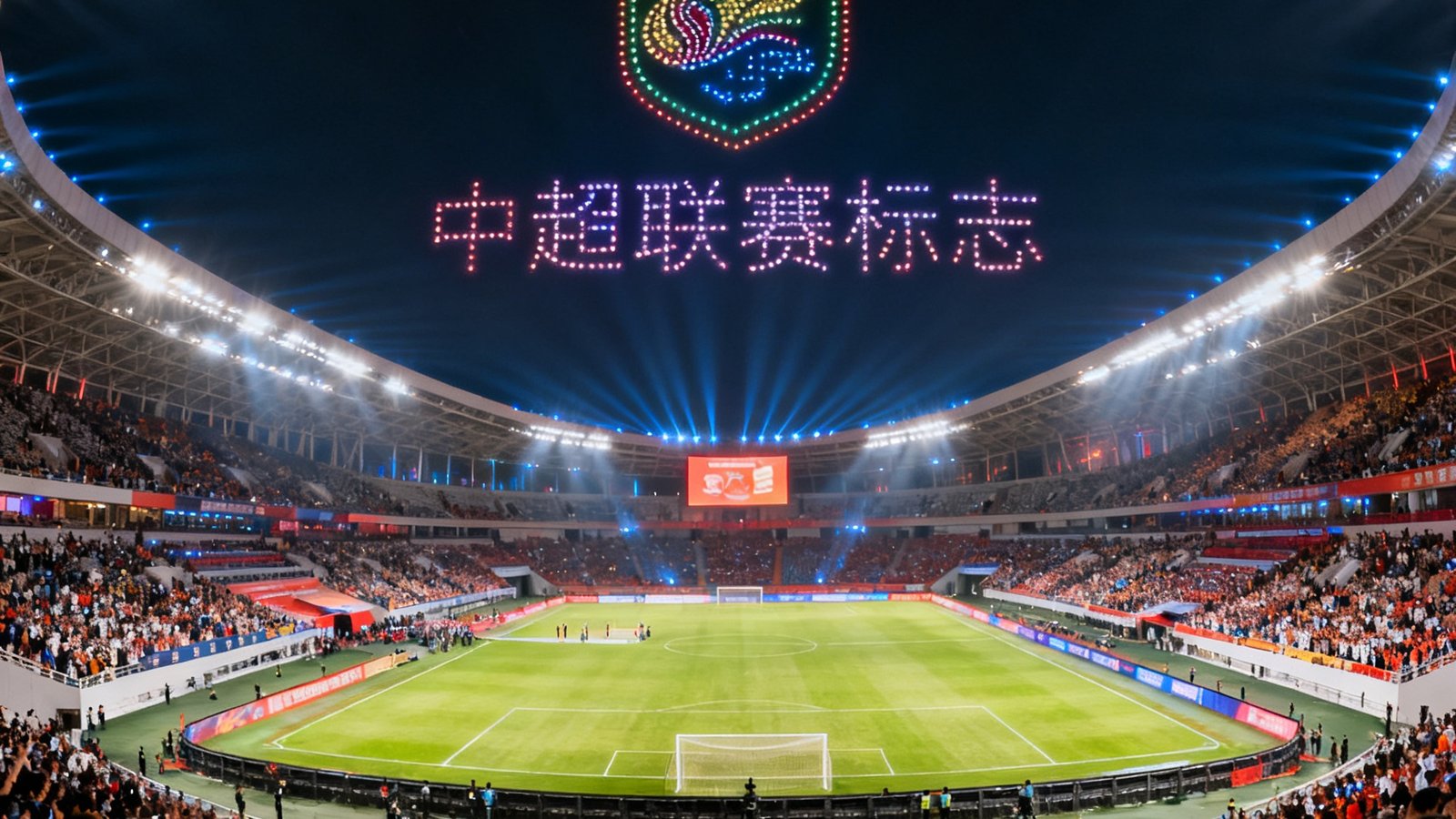 中超新赛季开幕式在新建专业足球场举行，无人机编队在空中拼出联赛标志，场面宏大壮观